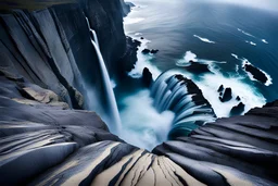massive intimidating rock cliffs ascend all around and further up out of view. far below, the stormy ocean swirls intimidatingly. The ocean water falls off a waterfall down into a circular pit