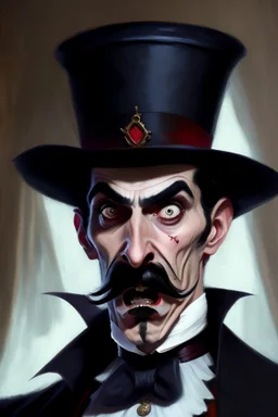 Strahd von Zarovich with a handlebar mustache wearing a top hat with a shocked expression