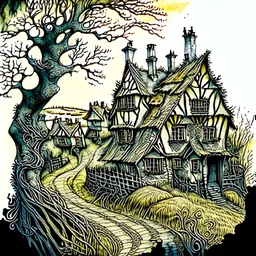 in the style of Arthur Rackham and Van Gogh, zentangle country side village, fantastical surrealistic, elegant, beautiful high definition fine 3D line art, watercolor ink and pen, extremely detailed, intricate, elaborate, HDR, beautiful, award winning, fantastic view, muted colours, fantasy, crisp quality