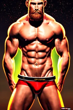 Ignore NSFW, teenager young rugged attractive slightly muscular fantasticly handsome blonde man, red briefs with yellow belt, hairy chest, (((visibly pisssing))) briefs, large erect visible boner peniss, photorealistic, artist Jay Anacleto, soft lighting, scruffy beard