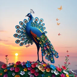 create ultra-realistic 3D paper quilling peacock standing proudly on a flower-covered hilltop overlooking a glowing sea at sunset, vibrant tail fanned in jewel tones, fluttering butterflies around, soft magical light, cinematic wide-angle, paper texture highly detailed --v 7 --ar 16:9