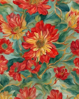 red, green and gold flower van Gough water color