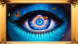 Surreal close-up of huge luminous eyes, multi-colored butterflies fluttering inside the iris, crystalline reflections in the pupil, long eyelashes like delicate branches, oil paint texture with visible brushstrokes, classical art gallery atmosphere, ornate gilded frame, magic realism style