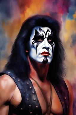 text "KISS", head and shoulders portrait, KISS Gene Simmons - a multicolored, watercolor stained wall in the background, oil painting in the art style of Frank Frazetta, 4k, 8k, 32k UHD, Hyper realistic, extremely colorful, vibrant, photorealistic, realistic, sharp, highly detailed, professional quality, beautiful, awesome, majestic, superb, trending on artstation, pleasing, lovely, Cinematic, gorgeous, Life like, Highly detailed