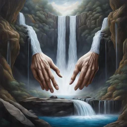 Surreal design of a rock cropping that looks like two open hands in between which cascades a breathtaking waterfall, surreal, profound, dramatic, sophisticated, classic surrealist painting, concept art