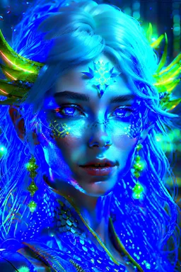 Bioluminescent blue avatars identify dots and patterns on their skin. Pointed elf ears, white hair, glowing blue eyes, slightly shiny blue skin.A beautiful girl with glowing golden eyes. With white decorated hair. And the whole body. And decorated dragon stones. And decorative glass trees realistic