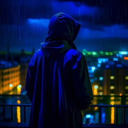 girl in a raincoat, viewed from behind, watching the empty city, at midnight, very dark colours, rainy, atmospheric, photo quality