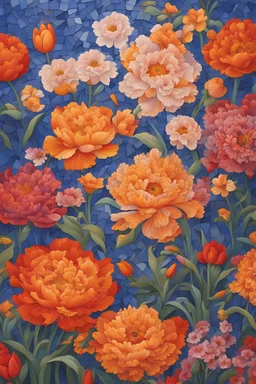 Create a handpainted mural in mosaic-style mural featuring flowers with cultural significance, like marigolds (India), tulips (Netherlands), and cherry blossoms (Japan), forming a vibrant tapestry. Color Palette: Bold and rich hues – deep orange, bright red, royal blue, and soft pink.