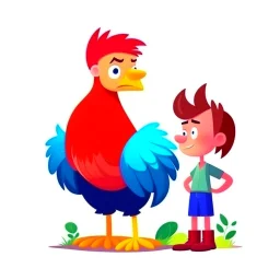 Ilustración estilo cartoon de un niño con un gallo gigante calidad ultra