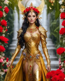 📷💃 length image full body gorgeous pretty super model girl as elven queen,floras crown,high details photo of luxury golden armor color designed made of flora flowers🌹 colors orchids and red,yellow,details color roses 🌹she using accessories luxurious diamonds jewelrys, flowers,surrounded 🌿🌿🌿leaves,so many surrounding flyings 🦋🦋🦋butterflies,she pretty face actress beauty colors make up cosmetic,bigbusty,perfect body,jungles background