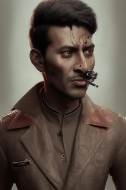 a portrait of singing male from Mumbai india, cyborg , incredibly sharp & detailed, cinematic, vintage , smoking a rolled cigratte