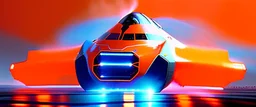 award winning car and driver photograph of a futuristic station wagon designed by only one vehicle per image painted metallic orange traveling at a high rate of speed, jet intake off of front center of vehicle and jet exhaust out the rear with bright blue flame, bilaterally symetrical, more a high speed road vehicle