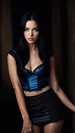 portrait of an very pretty 19 year old woman with long black hair and sapphire blue eyes. Photorealistic. dark fantasy. 8k