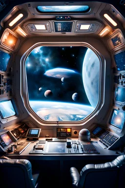 super Realistic photo of the interior of the command post of the space rocket, lots of light and a wide view through the window into the cosmos. a aliens is a movie intruder on the window from the outside.