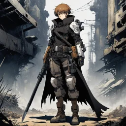 [Concept by Masamune Shirow] A lone anime character traveling through a desolate, post-apocalyptic world filled with ruins, mechanical wreckage, and overgrown nature. The character is equipped with scavenged gear, a long cloak, and futuristic weapons or tools. • Color Palette: Dusty, desaturated tones like grays and browns for the environment, with the character in muted greens, blues, or reds to add depth