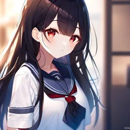 Clear Focus, High resolution, Black long hair, Red eyes, Wearing a sailor uniform