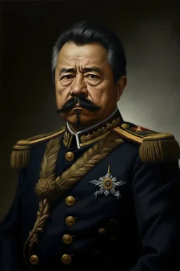 Painting portrait of Samoan formal chief young and black hair in military uniform imperial with mustache