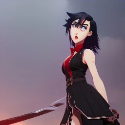 Ryuko Matoi,black skirt,black crop top,suspenders,red tie,red ahoge,Full Round Face