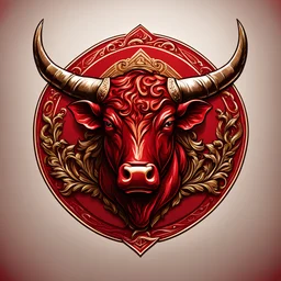 Renaissance style Sports logo, Red theme, bull's head . Realistic, perspective, light and shadow, religious themes, highly detailed