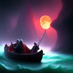 Charon the ferryman in his boat on the river Styx, red black purple colours, 8k, high definition, fantasy art, winding river, sharp jagged rocks, high contrast colours, sharp colours