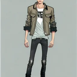 Teen man, black hair, black leather jacket, perfect face, style of tomer hanuka, jeans, pompadour. standing, full body