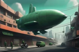 small, sleek, cargo spaceship, looking like the flying sub, landing on an alien street