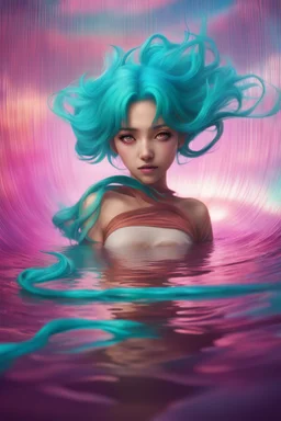 A stunning Anime girl suspended in a kaleidoscope of colors, captured in a photorealistic, cinematic photograph, as if plucked from a dream sequence. Her vibrant turquoise hair flows like a river, contrasting with the muted, earthy tones of her skin, set against a gradient of iridescent pinks and purples, evoking a sense of ethereal mysticism. Soft, cinematic film grain textures the image, infusing it with a sense of nostalgic warmth, as if lit by the flickering lights of a vintage cinema.