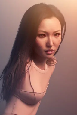  isometric clean art of super japanese woman Camilla Luddington, busty hitomi tanaka, Lara croft clothes, soft lighting, soft pastel gradients, high definition, 3d icon clay render, blender 3d