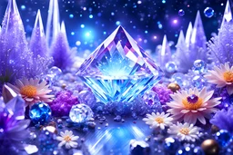 a beautiful photo of a magic futuristic hyper realistic crystalin landscape with planets, ametist,quarz luminescent crystal flowers of light, lights and beautiful blue crystal , diamonds, glitter smalls and littles stars, white and glitter flowers, and stars in the fantasy cosmos,4k, ultra details, real image with intricated details