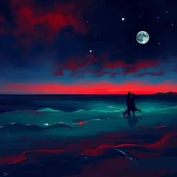 romantic picture, abstract night, with red and green ocean water , hq