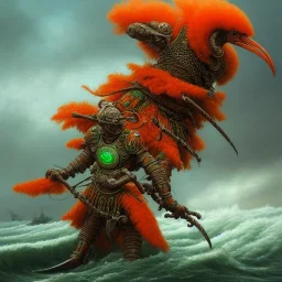 an ibis warrior in orange and green full battle armor, a highly detailed illustration, background of giant crashing ocean waves, realistic render, 8 k, micro detail, intricate, elegant, centered, digital painting, Artstation, smooth, sharp focus, illustration, artgerm, tomasz alen kopera, peter mohrbacher, donato giancola, joseph christian leyendecker, wlop, boris vallejo