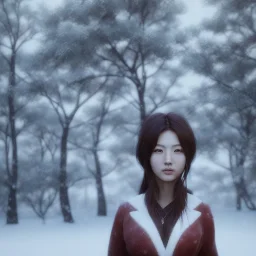 only wonderfull japanese woman, big chest, in snow, portrait, student costume, village, meditation, woods, cyberpunk, 8k quality