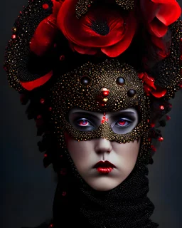 Beautiful young etherial vantablack red poppy seed floral headress ed woman portrait adorned with shamanis redpoppy seed and etherial voidcore poppy seed floral an cocoon headress metallic filigree half face venetian masque ribbed with poppy seed colour wearing carnival style rocco shamanism costume armour poppy seed samanism floral embossed Golden filigree organic bio spinal ribbed detail of full poppy seed floral bloomed background extremely dealed hyperrealistic maximálist concept portrait ár