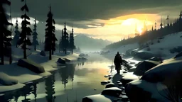 прогулка по таинственному озеру в игре The long dark, надпись сверху The long dark