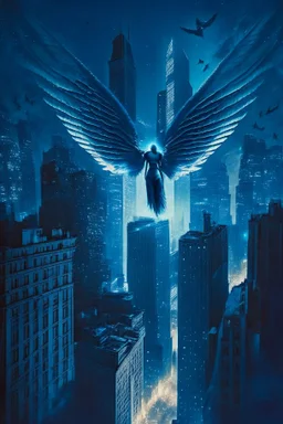 A flying angel over the tall buildings in a city at deep blue night.