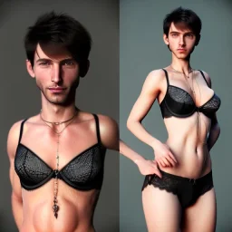 a short hair guy with a boyish face a beautiful cleavage in a lace neckline with a man's short haircut a thin waist and wide hips in bra and amulet of black magic