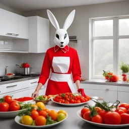 In a kitchen that seems to have popped out of a peculiar Easter tale, a figure with a large, haunting rabbit mask engages in the seemingly mundane task of slicing tomatoes. The mask, stark white with garish red and black accents, contrasts with the character's mundane attire, creating a bizarre juxtaposition. She sports a vibrant red shirt and a practical grey apron, the attire of someone comfortable in the kitchen yet the expression is anything but comforting. The painted grin and wild eyes len