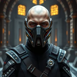 bald male corellian jedi wearing gunmetal grey and black old republic armored flightsuit and breath mask with gold and metallic red trim inside the jedi temple, centered head and shoulders portrait, hyperdetailed, dynamic lighting, hyperdetailed background, 8k resolution, volumetric lighting, light skin, fully symmetric details