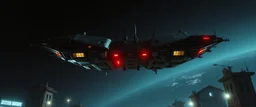 our Harkonen space craft in the middle of the stree, it looks like two upside down houses connected, in the style of Giger