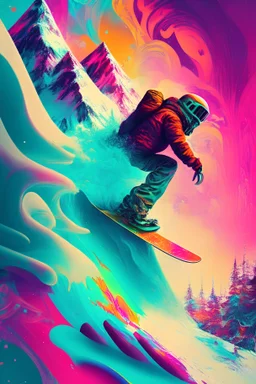 Snowboarding, psychedelic, mixed color tones, fantasy landscape