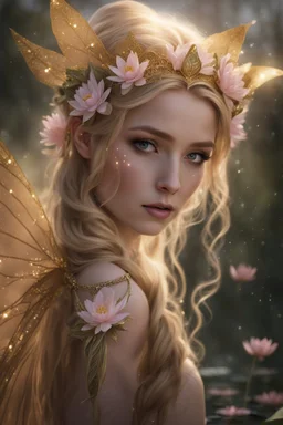 Pointed elven ears,Blonde hair ,Pink dress,Sparkling fairy wings,Very long golden hair,Fairy crown,pointed ears,elven ears,fairy wings,water lilies,sparkling,glittering,flowers,blossoms,golden crown,light pink dress