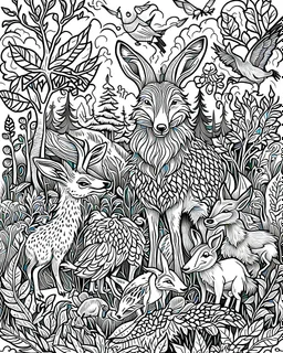 forest animals, coloring page, perfect composition, beautiful perfect coloring page, white, ((((black and white)))))