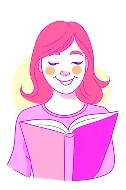 Portrait perempuan dengan senyum di wajahnya membaca buku yang berkaitan dengan kesehatan mental, warna pastel