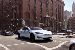 A Tesla 'Model Y' is parked, near the Flatiron Building in Manhattan. (CINEMATIC, WIDE ANGLE LENS, PHOTO REAL)