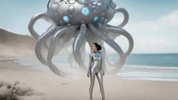 A woman with dark hair in a silver robotic catsuit, standing on a beach, flying mushrooms with octopus tentacles floating above her