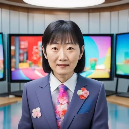 AI mayor inside TV, Japan, facing the camera, bright colors