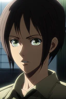 Attack on Titan screencap of a female with short, sh back hair and big black eyes.
