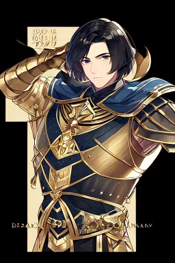 A handsome 30 year old knight, black hair, dark blue eyes, male bob haircut, in black-and-gold plate armor, no beard, european, portrait