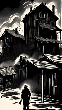 noir, atmospheric, shadows, cinematic, Black and white drawing, Fire in the village, wooden houses on fire, a view from afar, somber tones, high quality, suspenseful, menacing.