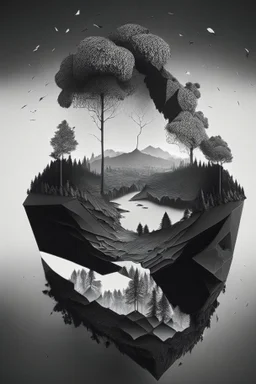 Beautiful landscape with trees, earth opens up and breaks down in black polygons.